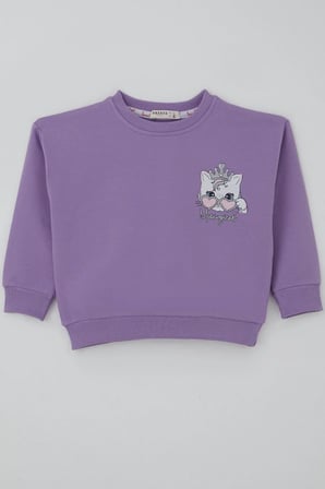 Breeze Kız Çocuk Sweatshirt Minik Taçlı Kedi Prenses Baskılı Sırt Baskı Detaylı 1.5-5 Yaş, Lila