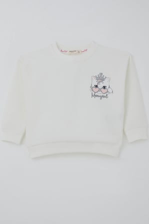 Breeze Kız Çocuk Sweatshirt Minik Taçlı Kedi Prenses Baskılı Sırt Baskı Detaylı 1.5-5 Yaş, Ekru