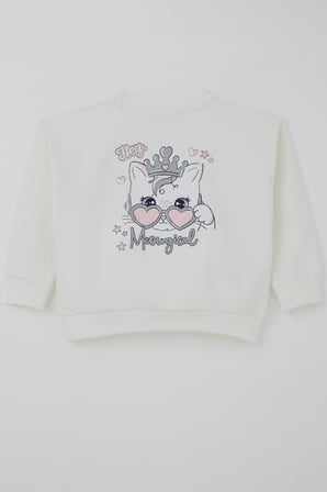 Breeze Kız Çocuk Sweatshirt Minik Taçlı Kedi Prenses Baskılı Sırt Baskı Detaylı 1.5-5 Yaş, Ekru