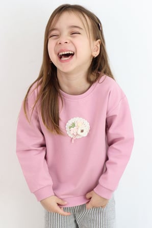 Breeze Kız Çocuk Sweatshirt Triko Çiçek Aplike Armalı 2-6 Yaş, Gülkurusu