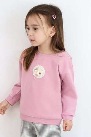 Breeze Kız Çocuk Sweatshirt Triko Çiçek Aplike Armalı 2-6 Yaş, Gülkurusu