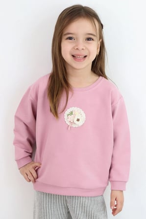 Breeze Kız Çocuk Sweatshirt Triko Çiçek Aplike Armalı 2-6 Yaş, Gülkurusu