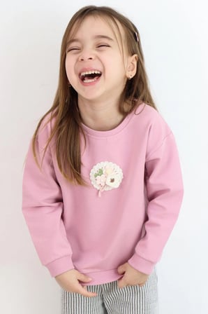 Breeze Kız Çocuk Sweatshirt Triko Çiçek Aplike Armalı 2-6 Yaş, Gülkurusu