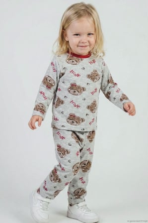 Breeze Kız Bebek Pijama Takımı Sevgi Temalı Fiyonklu Ayıcık Desenli 9 Ay-3 Yaş, Açık Gri Melanj