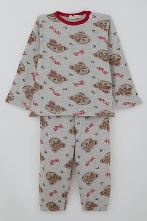 Breeze Kız Bebek Pijama Takımı Sevgi Temalı Fiyonklu Ayıcık Desenli 9 Ay-3 Yaş, Açık Gri Melanj