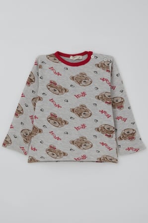 Breeze Kız Bebek Pijama Takımı Sevgi Temalı Fiyonklu Ayıcık Desenli 9 Ay-3 Yaş, Açık Gri Melanj