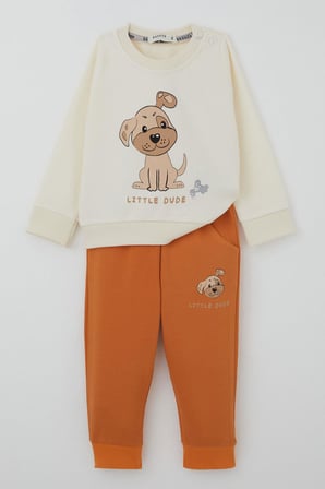 Breeze Erkek Bebek Eşofman Takımı Sevimli Köpekçik Baskılı 6 Ay-2 Yaş, Krem