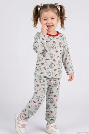 Breeze Kız Bebek Pijama Takımı Sevimli Kraliçe Desenli Çilekli 9 Ay-3 Yaş, Açık Gri Melanj