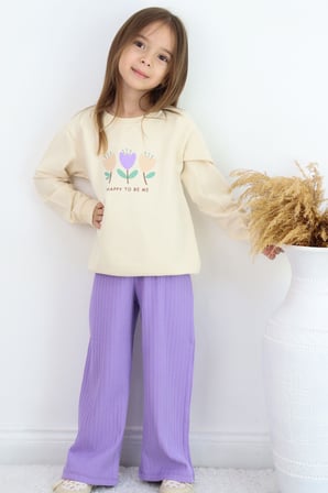 Breeze Kız Çocuk Eşofman Takımı Özgüven Temalı Pırıltılı Laleler Baskılı 1.5-5 Yaş, Krem