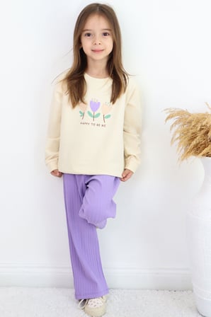 Breeze Kız Çocuk Eşofman Takımı Özgüven Temalı Pırıltılı Laleler Baskılı 1.5-5 Yaş, Krem