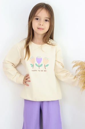 Breeze Kız Çocuk Eşofman Takımı Özgüven Temalı Pırıltılı Laleler Baskılı 1.5-5 Yaş, Krem
