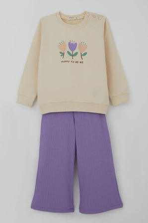Breeze Kız Çocuk Eşofman Takımı Özgüven Temalı Pırıltılı Laleler Baskılı 1.5-5 Yaş, Krem