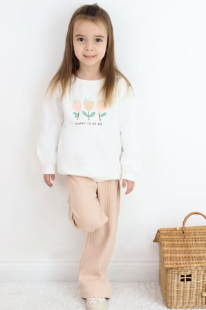 Breeze Kız Çocuk Eşofman Takımı Özgüven Temalı Pırıltılı Laleler Baskılı 1.5-5 Yaş, Ekru
