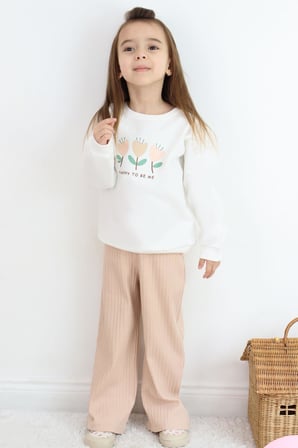Breeze Kız Çocuk Eşofman Takımı Özgüven Temalı Pırıltılı Laleler Baskılı 1.5-5 Yaş, Ekru