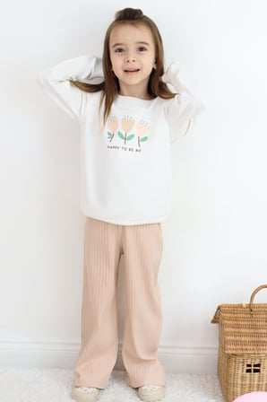 Breeze Kız Çocuk Eşofman Takımı Özgüven Temalı Pırıltılı Laleler Baskılı 1.5-5 Yaş, Ekru