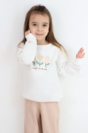 Breeze Kız Çocuk Eşofman Takımı Özgüven Temalı Pırıltılı Laleler Baskılı 1.5-5 Yaş, Ekru