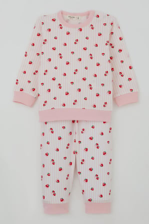 Breeze Kız Bebek Pijama Takımı Omuzdan Patlı Çilek Desenli 4 Ay-1 Yaş, Ekru