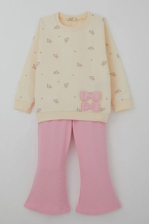 Breeze Kız Çocuk Taytlı Takım İspanyol Paça Çiçek Desenli Fiyonk Detaylı 1.5-5 Yaş, Krem
