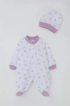 Breeze Kız Bebek Patikli Tulum Çiçek & Yazı Desenli 0-6 Ay, Beyaz