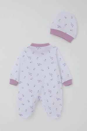 Breeze Kız Bebek Patikli Tulum Çiçek & Yazı Desenli 0-6 Ay, Beyaz