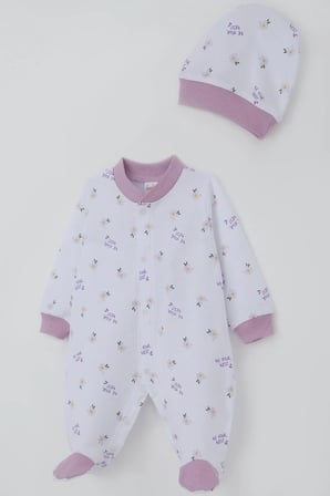 Breeze Kız Bebek Patikli Tulum Çiçek & Yazı Desenli 0-6 Ay, Beyaz