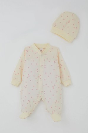 Breeze Kız Bebek Patikli Tulum Çiçek Desenli 0-6 Ay, Krem