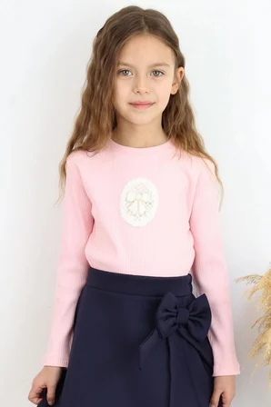 Breeze Kız Çocuk Uzun Kollu Tişört Vintage Dantel Fiyonk Aplikeli 5-10 Yaş, Pembe