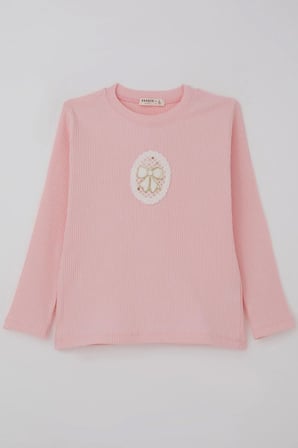 Breeze Kız Çocuk Uzun Kollu Tişört Vintage Dantel Fiyonk Aplikeli 5-10 Yaş, Pembe
