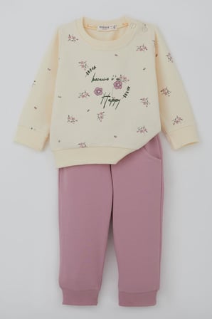Breeze Kız Bebek Eşofman Takımı Pembe Çiçek Desenli 6 Ay-2 Yaş, Krem