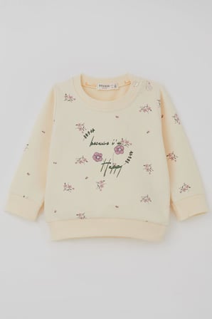 Breeze Kız Bebek Eşofman Takımı Pembe Çiçek Desenli 6 Ay-2 Yaş, Krem