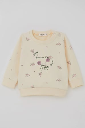 Breeze Kız Bebek Eşofman Takımı Pembe Çiçek Desenli 6 Ay-2 Yaş, Krem