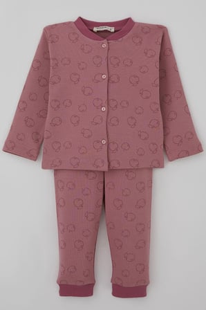 Breeze Kız Bebek Pijama Takımı Önden Düğmeli Elma Desenli 4 Ay-1 Yaş, Gülkurusu