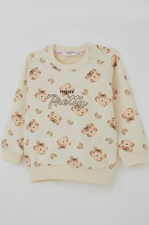 Breeze Kız Bebek Eşofman Takımı Sevimli Fiyonklu Ayıcık Desenli 6 Ay-2 Yaş, Krem