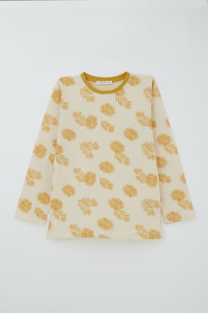 Breeze Kız Çocuk Pijama Takımı Tropik Yaprak Desenli 4-8 Yaş, Krem