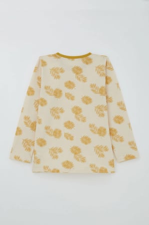 Breeze Kız Çocuk Pijama Takımı Tropik Yaprak Desenli 4-8 Yaş, Krem