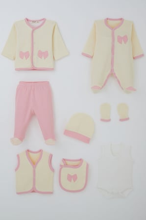 Breeze Kız Bebek Hastane Çıkışı 8 Li Fiyonk Nakışlı 0-3 Ay, Krem