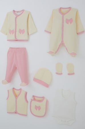 Breeze Kız Bebek Hastane Çıkışı 8 Li Fiyonk Nakışlı 0-3 Ay, Krem