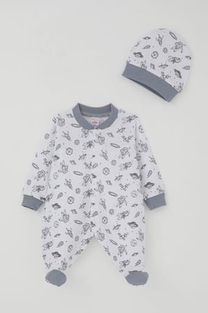 Breeze Erkek Bebek Patikli Tulum Uzay Temalı Minik Astronat Desenli 0-6 Ay, Beyaz