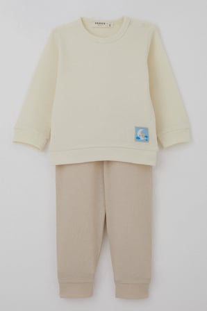 Breeze Erkek Bebek Pijama Takımı Omuzdan Patlı Sevimli Uykucu Yıldız Armalı 4 Ay-1 Yaş, Krem
