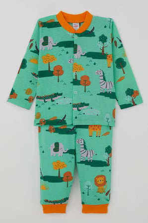 Breeze Erkek Bebek Pijama Takımı Safari Temalı Sevimli Hayvancıklar Desenli Önden Çıtçıtlı 4 Ay-1 Yaş, Yeşil