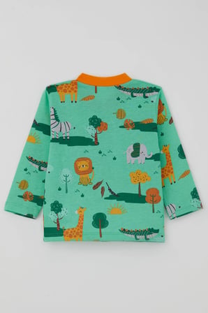 Breeze Erkek Bebek Pijama Takımı Safari Temalı Sevimli Hayvancıklar Desenli Önden Çıtçıtlı 4 Ay-1 Yaş, Yeşil