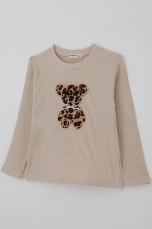Breeze Kız Çocuk Uzun Kollu Tişört İncili Aplike Leopar Ayıcık Nakışlı 5-10 Yaş, Bej