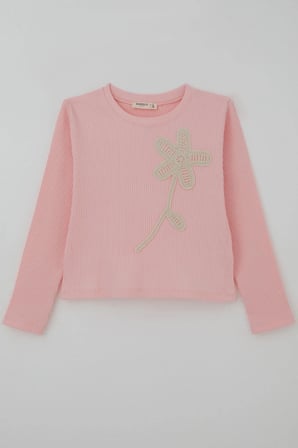Breeze Kız Çocuk Uzun Kollu Tişört Örgü Çiçek Aplikeli 6-12 Yaş, Pembe