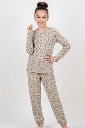 Breeze Kız Çocuk Pijama Takımı Çiçek Desenli Beli Paçası Lastikli 9-12 Yaş, Bej
