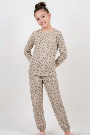 Breeze Kız Çocuk Pijama Takımı Çiçek Desenli Beli Paçası Lastikli 9-12 Yaş, Bej