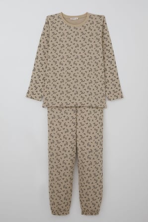 Breeze Kız Çocuk Pijama Takımı Çiçek Desenli Beli Paçası Lastikli 9-12 Yaş, Bej