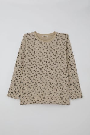 Breeze Kız Çocuk Pijama Takımı Çiçek Desenli Beli Paçası Lastikli 9-12 Yaş, Bej