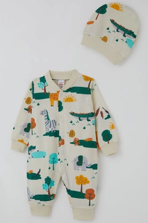 Breeze Erkek Bebek Tulum Safari Temalı Sevimli Hayvancıklar Desenli 0-9 Ay, Sarı