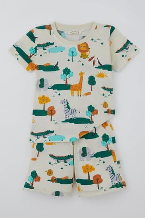 Breeze Erkek Çocuk Şortlu Pijama Takımı Safari Temalı Sevmli Hayvancıklar Desenli 1.5-5 Yaş, Sarı