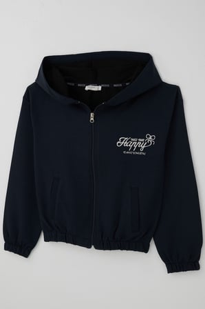 Breeze Kız Çocuk Hırka Yazı Nakışlı Kapüşonlu Bel Kısmı Lastikli 9-14 Yaş, Lacivert